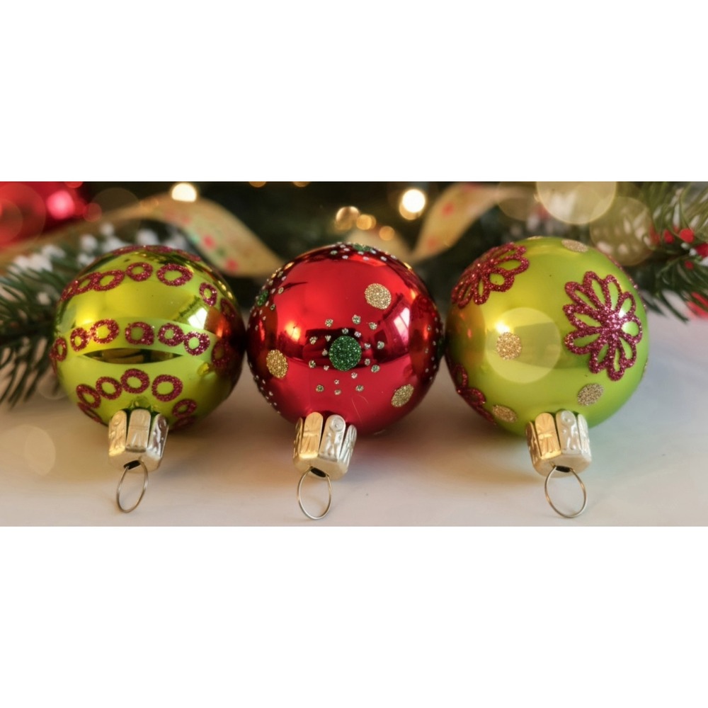 Dept 56 Vintage Christmas Ornaments Glass Ball Red Green Glitter Set of 3